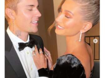 Black satin, velvet and sheer lace to the waist. This is how the Biebers do black tie