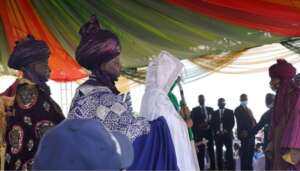 The Emir of Bichi (in white) was given the staff of office at another elaborate ceremony on Saturday