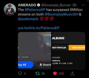 Amerado’s ‘Patience EP’ hits 12 million streams on Boomplay and Audiomack