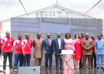 Dr. Alhaji Mahamudu Bawumia (7th from left) with Dr. Tony Oteng-Gyasi (6th from left), Barbara Oteng-Gyasi (7th from left), some Deputy Ministers, and the Board and Management of TCCL