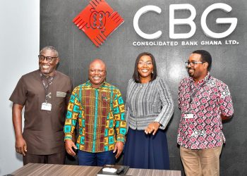 The Hon. Minister of Public Enterprises (second from left) with the Executive Management of the Bank. Left: Daniel Wilson Addo, Managing Director, Nana Ama Poku, Deputy Managing Director - Corporate Resources and Thairu Ndungu, Deputy Managing Director - Operations and Technology.