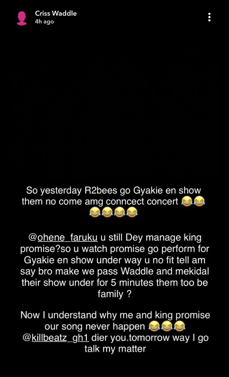 Criss Waddle fumes at R2 Bees and King Promise on snapchat