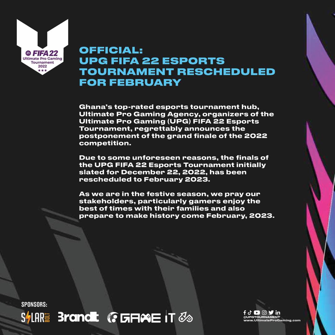 UPG FIFA 22 Esports Tournament: Final postponed to February 2022