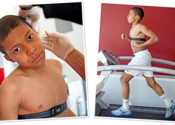 Mbappé, aged 13, undergoes an "effort test" at the France football academy in Clairefontaine in March 2012