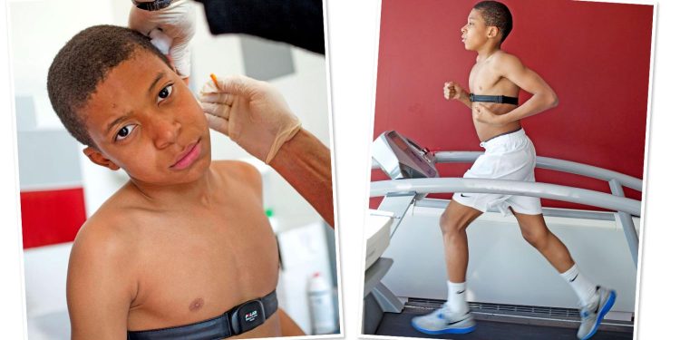 Mbappé, aged 13, undergoes an "effort test" at the France football academy in Clairefontaine in March 2012
