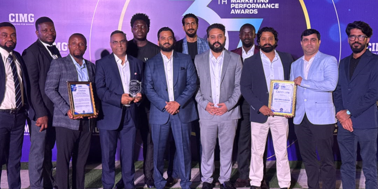 Representatives celebrate Ginny Rice’s Above-the-Line Campaign of the Year 2025 award at the 37th CIMG Annual National Marketing Performance Awards in Accra.